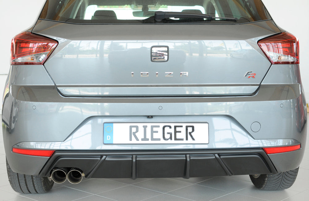 Seat Ibiza (KJ) Rieger Heckeinsatz mit Endrohraussparung für Sport-ESD links für Sportendrohr li., (2x76mm ø), ABS,
inkl. Montagezubehör, Gutachten