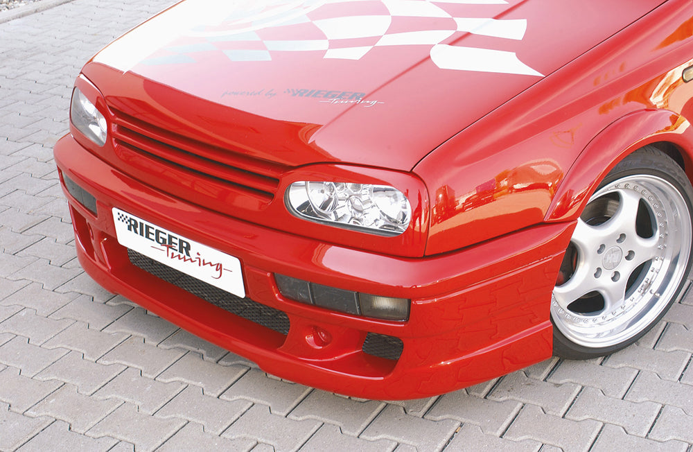 VW Golf 3 Rieger Spoilerstoßstange mit Aussparung für Blinkleuchten, mit Aussparung für NSW, ABS,
inkl. Alugitter, Gutachten, Montagezubehör