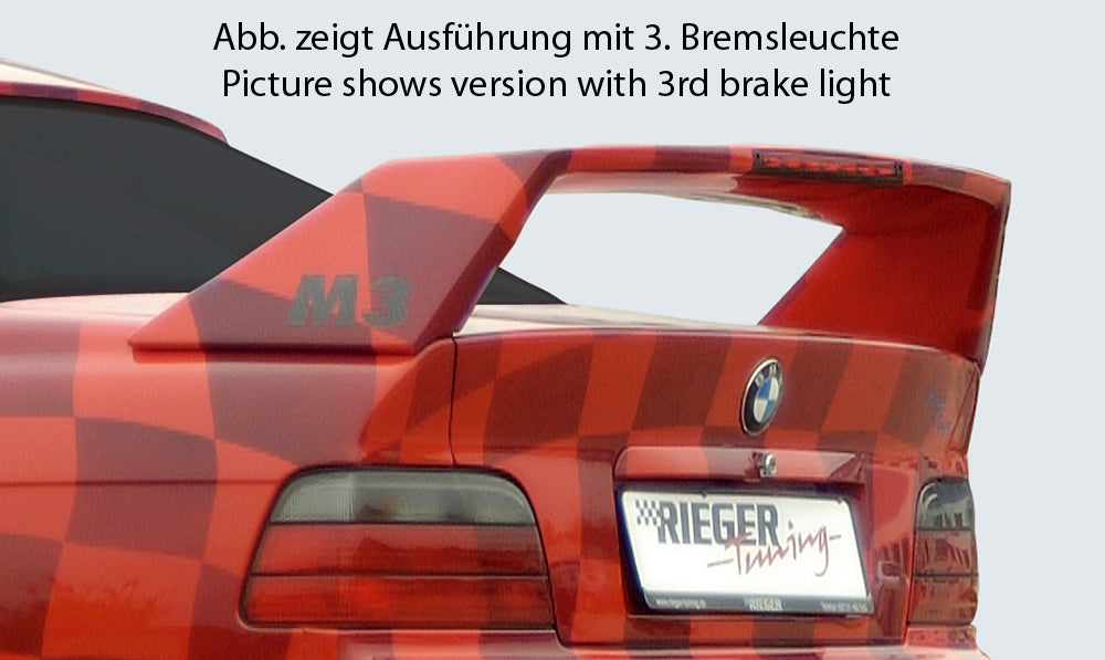 BMW 3er E36 Rieger Heckflügel Breitbau II -> ACHTUNG: Antenne prüfen! ohne 3. Bremsleuchte, GFK,
inkl. Gutachten, Montagezubehör