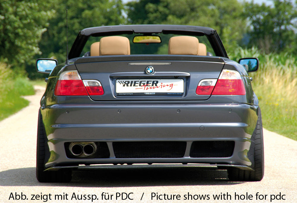 BMW 3er E46 Rieger Heckschürze -> Bei Dieselmodellen gerade Endrohre verwenden! ABS,
inkl. Alugitter, Gutachten, Montagezubehör