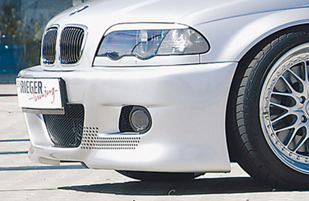BMW 3er E46 Rieger Spoilerstoßstange mit Halter f. orig. M-Technik-NSW, mit zusätzlichen Lüftungsschlitzen, in Lochblechoptik, ABS,
inkl. Alugitter, Gutachten, Montagezubehör