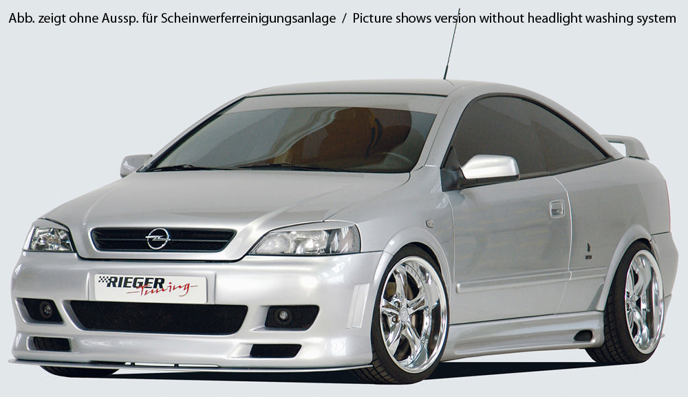 Opel Astra G Rieger Spoilerstoßstange -> nicht für eckige NSW mit seitlichen Rippen, ABS, für Fzg. mit Scheinwerferreinigungsanlage,
inkl. Alugitter, Montagezubehör, ABE