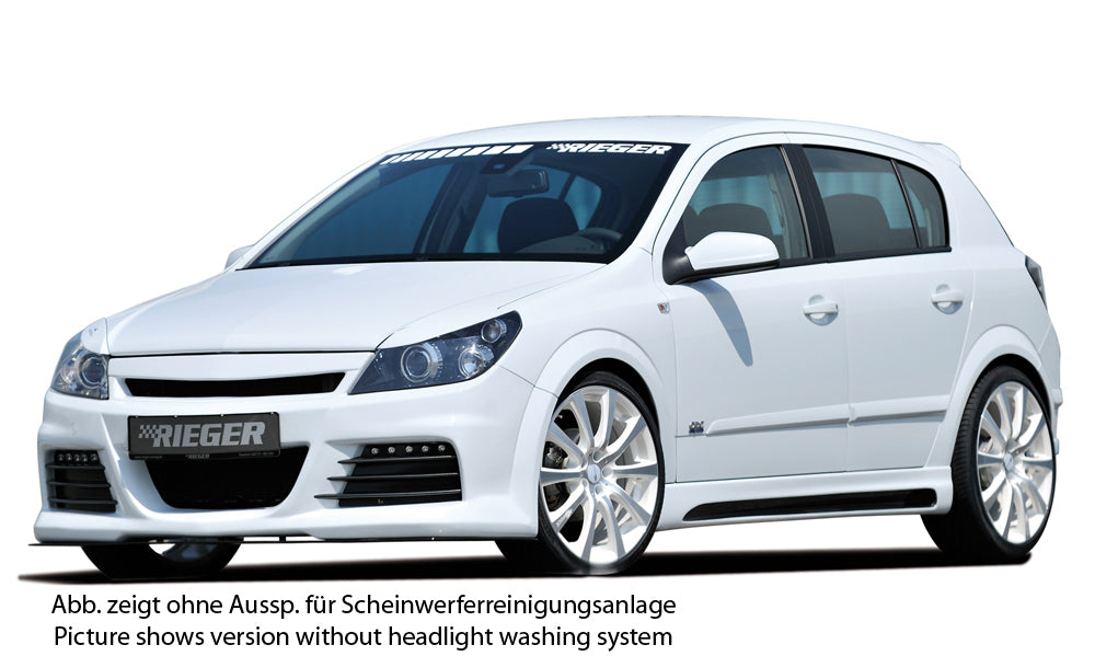 Opel Astra H Rieger Spoilerstoßstange mit großer Aussparung für SWRA mit Aussparung für Tagfahrleuchten, ABS, für Fzg. mit Scheinwerferreinigungsanlage, OPC und ohne OPC,
inkl. Alugitter, Montagezubehör, ABE