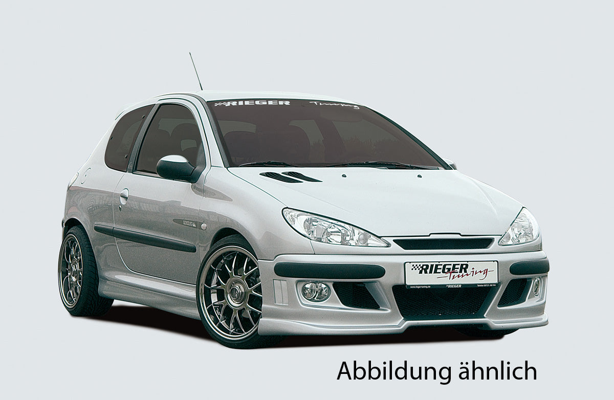 Peugeot 206 Rieger Spoilerstoßstange mit seitlichen Rippen, ABS, für Fzg. mit Scheinwerferreinigungsanlage,
inkl. Alugitter, Montagezubehör, ABE