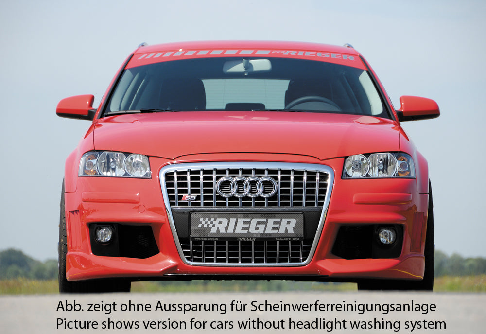 Audi A3 (8P) Rieger Spoilerstoßstange R-Frame auch für A3 8P (3-tür.) Facelift 06.05-06.08 mit Halter f. orig. NSW, mit seitlichen Rippen, ABS, für Fzg. mit Scheinwerferreinigungsanlage,
inkl. Alugitter, Montagezubehör, ABE