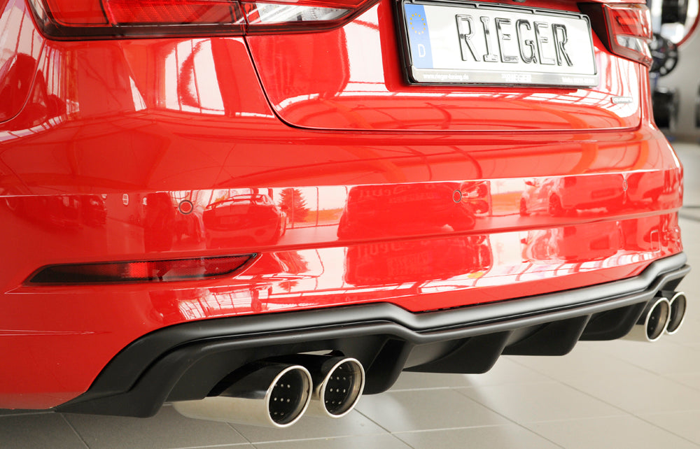 Audi A3 (8V) Rieger Heckeinsatz für Sportendrohr li. u. re., (4x90mm ø), ABS, für Fzg. mit S-Line Exterieur,
inkl. Montagezubehör, Gutachten