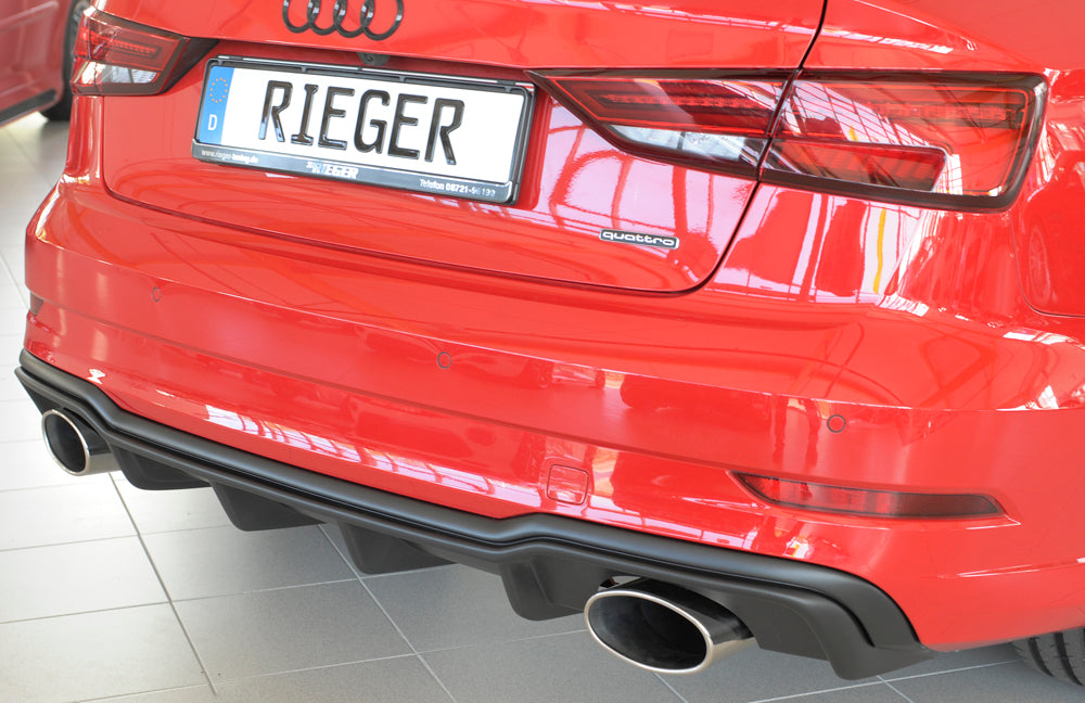 Audi A3 (8V) Rieger Heckeinsatz für Sportendrohr li. u. re., (152x95mm oval), ABS, für Fzg. mit S-Line Exterieur,
inkl. Montagezubehör, Gutachten