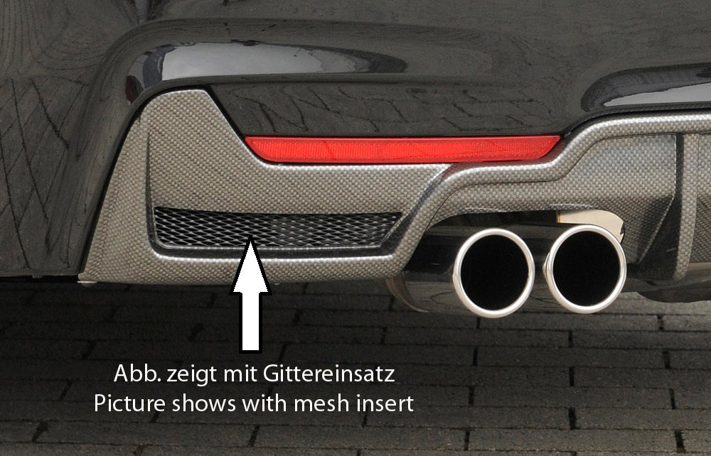BMW 4er F32 (3C) Rieger Heckeinsatz nur für M-Paket-Heckschürze für Doppelendrohr li. u. re. (435i-/440i-Look), (4x80mm ø), ABS, schwarz glänzend, für Fzg. mit M-Technik,
inkl. Montagezubehör, Gutachten