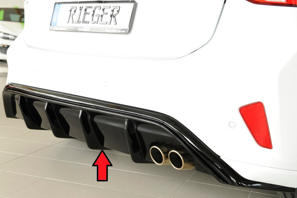 Ford Focus 4 (DEH) Rieger Heckeinsatz für orig. Doppelendrohr re., (2x70mm ø), ABS, schwarz glänzend, für Fzg. mit ST-Line,
inkl. Montagezubehör, Gutachten