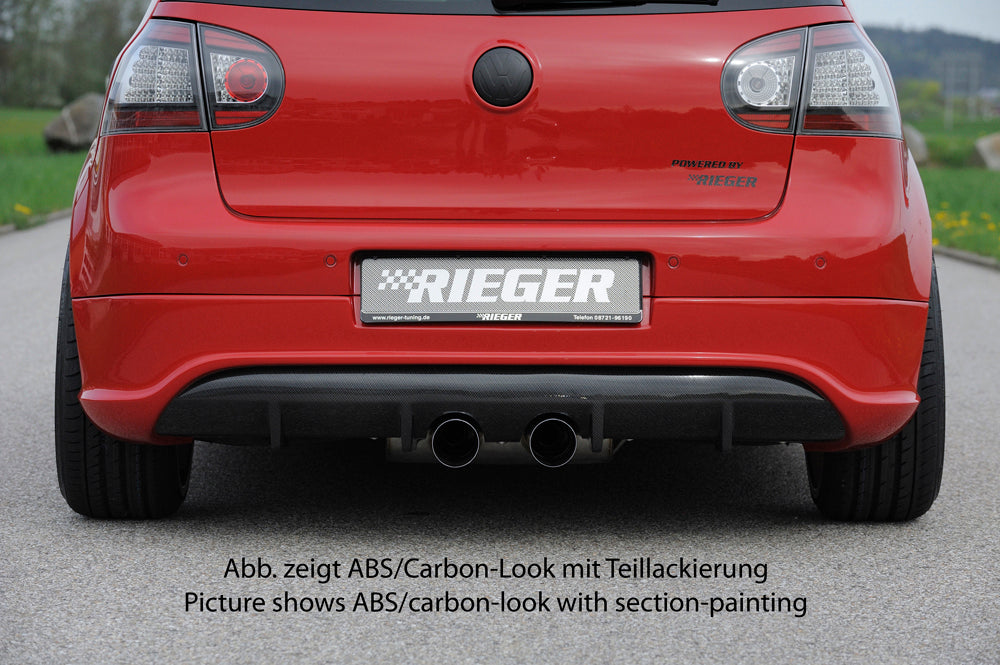 VW Golf 5 Rieger Heckschürzenansatz R-Look (Golf 5 u. Golf 5 GTI) für Doppelendrohr mittig, ABS, Carbon-Look,
inkl. Montagezubehör, Gutachten