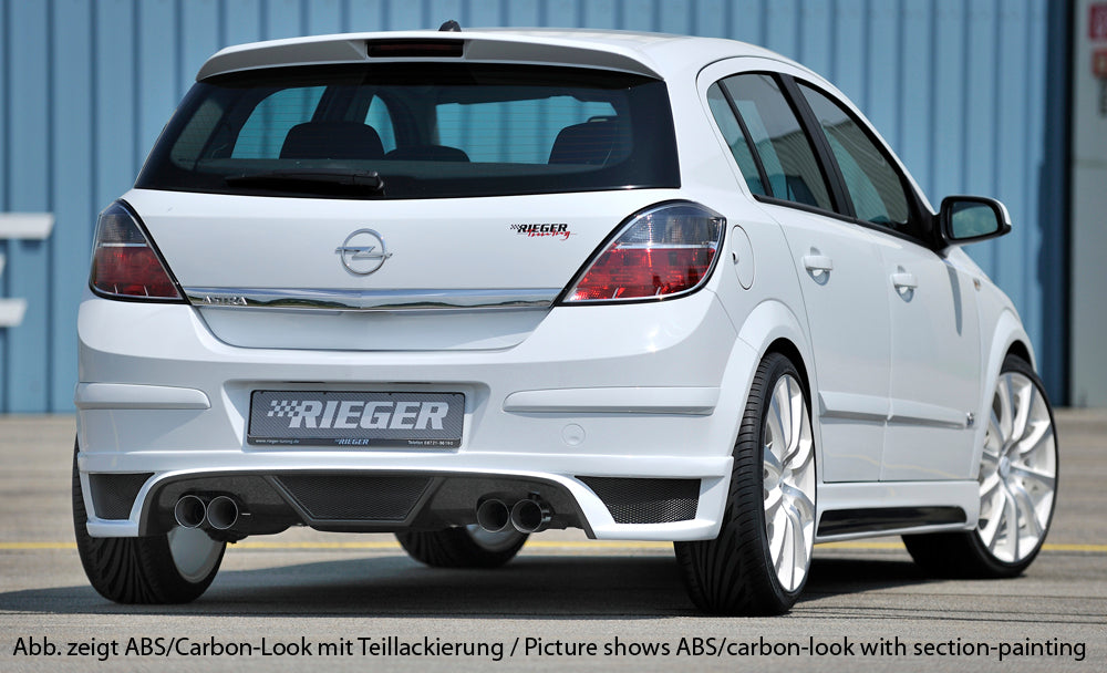 Opel Astra H Rieger Heckschürzenansatz für Doppelendrohr li. u. re., ABS, Carbon-Look, für Fzg. mit OPC und ohne OPC,
inkl. Montagezubehör, Alugitter