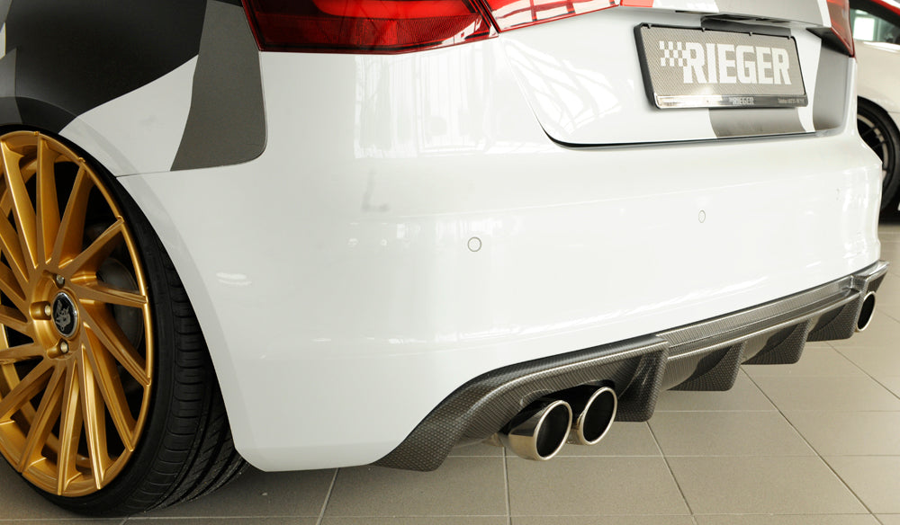 Audi A3 (8V) Rieger Heckeinsatz für Doppelendrohr li. u. re., (4x90mm ø), ABS, Carbon-Look, für Fzg. mit S-Line Exterieur,
inkl. Montagezubehör, Gutachten