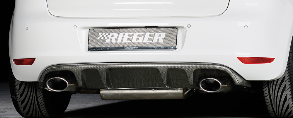 VW Golf 6 GTD Rieger Heckeinsatz mit 2 Doppelfinnen für Sportendrohr li. u. re., (145x90mm oval), ABS, Carbon-Look,
inkl. Montagezubehör, Gutachten