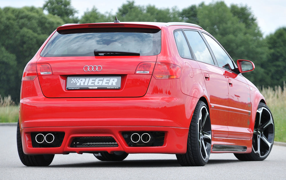 Audi A3 (8P) Rieger ESD, links/rechts, seitlich versetzt A3 (8P) Sportback, 2.0 TFSI, 2.0 TDI 125kW rechts, links, seitl. versetzt, 4x90mm, für RIEGER-Heckansatz, Edelstahl,
inkl. Gutachten