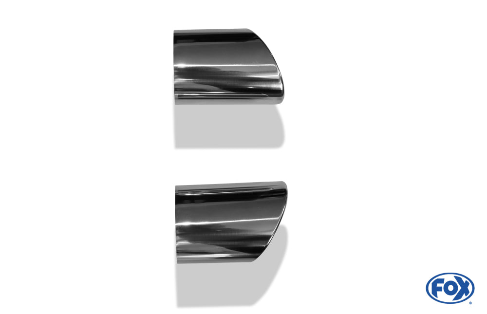 FOX Anschweißendrohr Typ 38 - Rechts & Links 115x85 mm / Länge: 130 mm - oval - 1x seitlich nach rechts und 1x seitlich nach links, sowie nach unten abgeschrägt / eingerollt / ohne Absorber