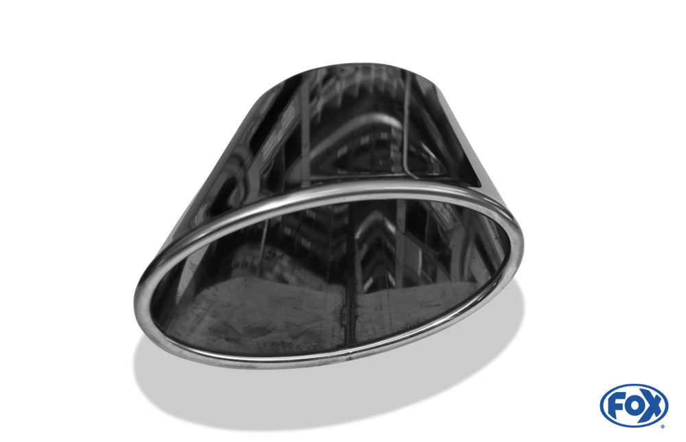 FOX Anschweißendrohr Typ 38 - Rechts 160x90 mm / Länge: 200 mm - oval - seitlich nach rechts 15°, sowie 15° nach unten abgeschrägt / eingerollt / ohne Absorber
