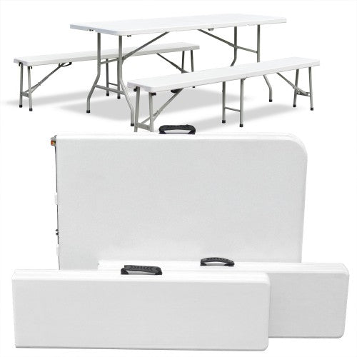Bierzeltgarnitur, Frühstücks Garnitur, Camping-Set, Esstisch klappbar, Creme-hell, Tisch 180x75x74 cm mit 2 Bänken 183x28x43 cm, aus HDPE Kunststoff mit Metallgestell pulverbeschichtet, mit Klappfunktion und Tragegriffen