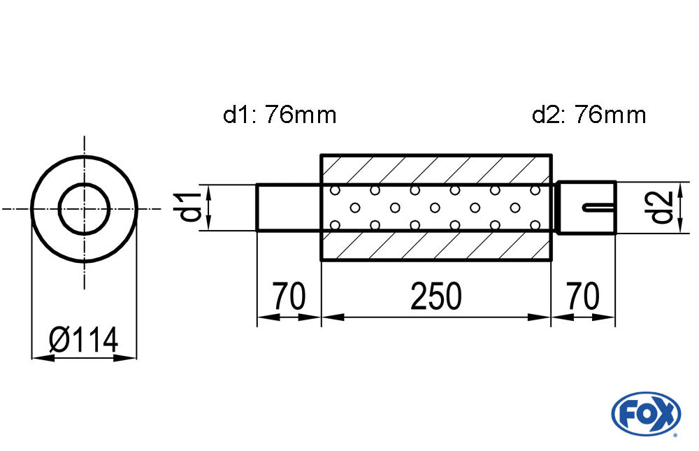FOX Uni-Schalldämpfer rund mit Stutzen - Abwicklung 355 Ø 114mm, d1Ø 76mm d2Ø 76,5mm, Länge: 250mm