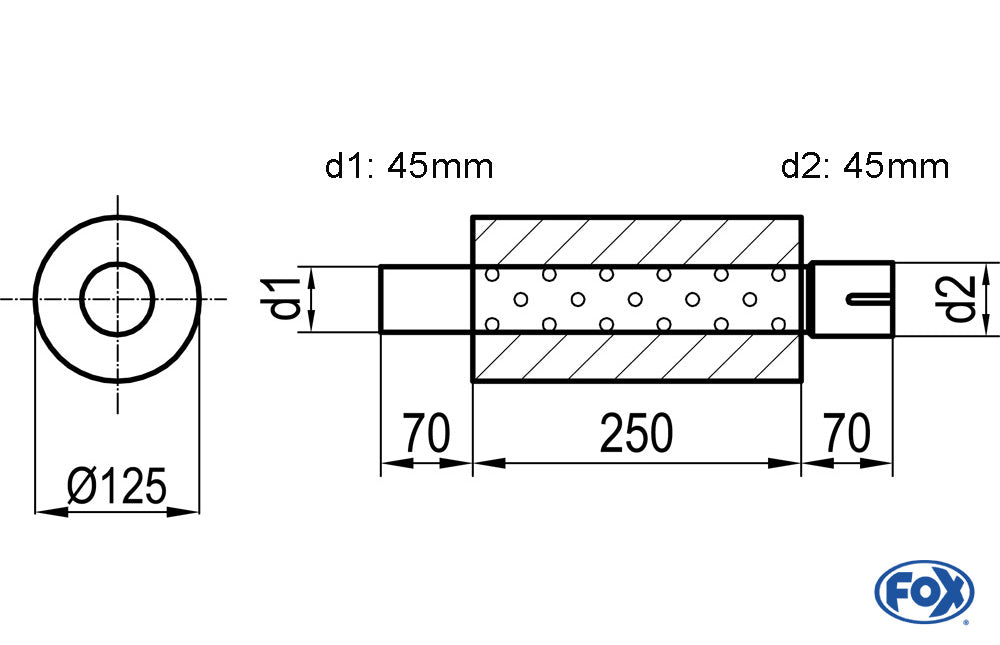 FOX Uni-Schalldämpfer rund mit Stutzen - Abwicklung 390 Ø 125mm, d1Ø 45mm d2Ø 45,5mm, Länge: 250mm
