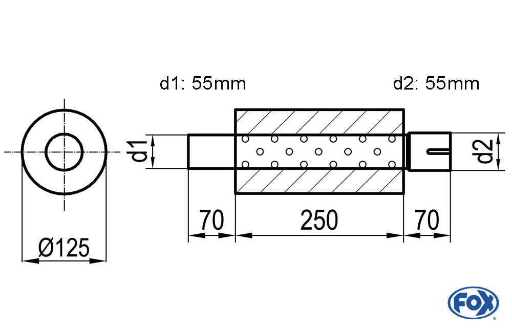 FOX Uni-Schalldämpfer rund mit Stutzen - Abwicklung 390 Ø 125mm, d1Ø 55mm d2Ø 55,5mm, Länge: 250mm