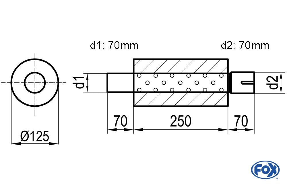 FOX Uni-Schalldämpfer rund mit Stutzen - Abwicklung 390 Ø 125mm, d1Ø 70mm d2Ø 70,5mm, Länge: 250mm