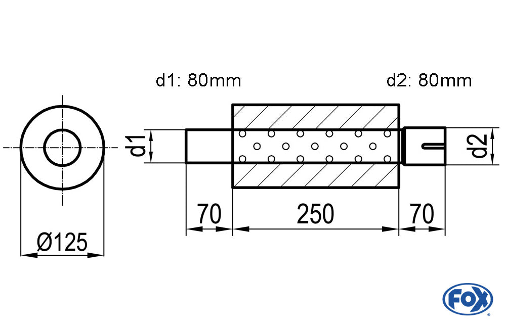 FOX Uni-Schalldämpfer rund mit Stutzen - Abwicklung 390 Ø 125mm, d1Ø 80mm außen, d2Ø 80mm innen, Länge: 250mm