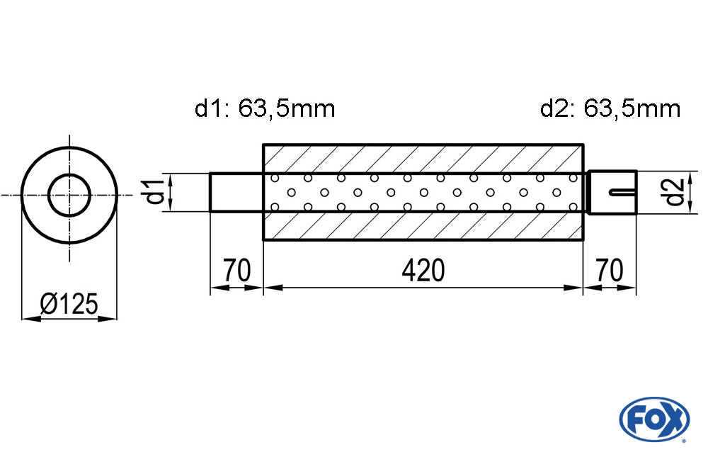 FOX Uni-Schalldämpfer rund mit Stutzen - Abwicklung 390 Ø 125mm, d1Ø 63,5mm d2Ø 64mm, Länge: 420mm