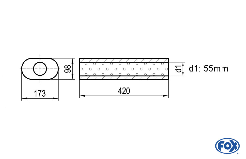 FOX Uni-Schalldämpfer oval ohne Stutzen - Abwicklung 450 173x98mm, d1Ø 55mm, Länge: 420mm