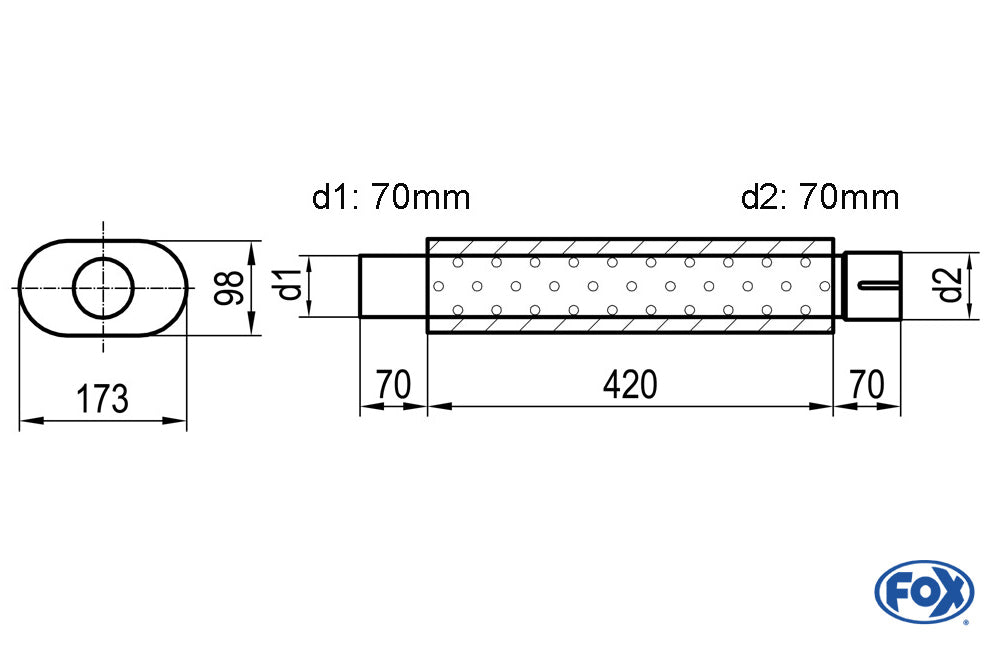 FOX Uni-Schalldämpfer oval mit Stutzen - Abwicklung 450 173x98mm, d1Ø 70mm d2Ø 70,5mm, Länge: 420mm