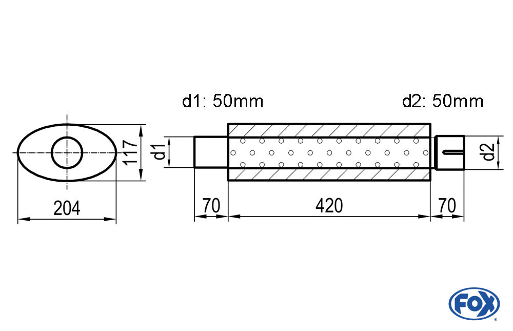 FOX Uni-Schalldämpfer oval mit Stutzen - Abwicklung 525 204x117mm, d1Ø 50mm d2Ø 50,5mm, Länge: 420mm