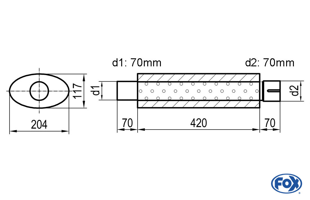 FOX Uni-Schalldämpfer oval mit Stutzen - Abwicklung 525 204x117mm, d1Ø 70mm d2Ø 70,5mm, Länge: 420mm