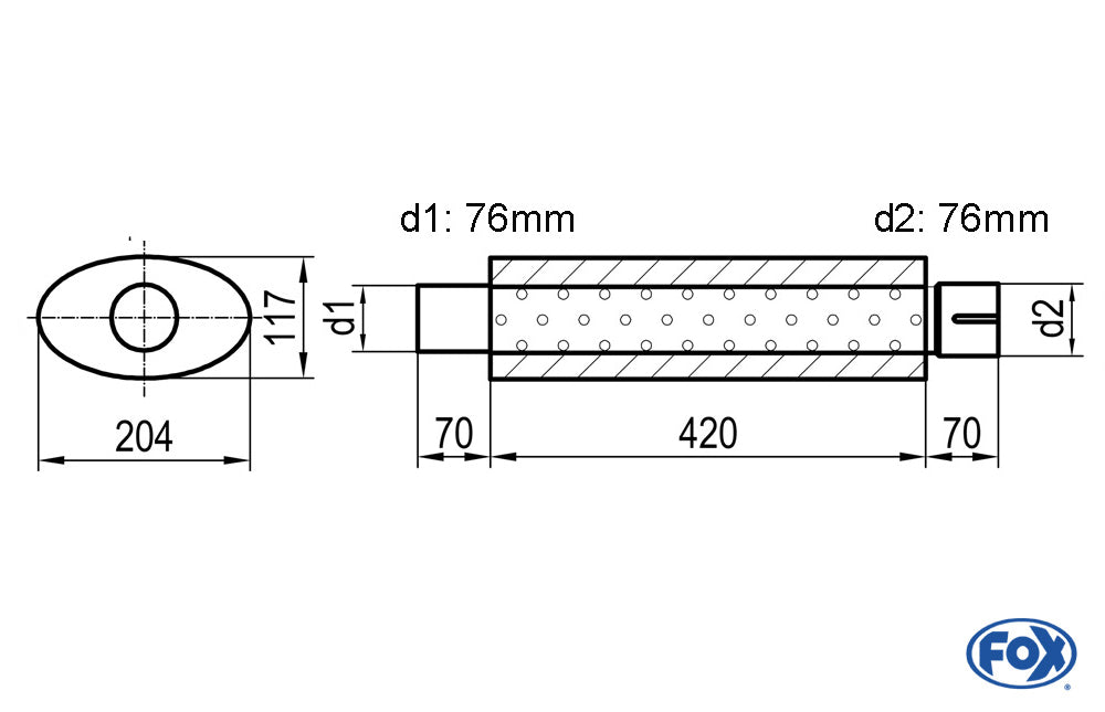 FOX Uni-Schalldämpfer oval mit Stutzen - Abwicklung 525 204x117mm, d1Ø 76mm d2Ø 76,5mm, Länge: 420mm