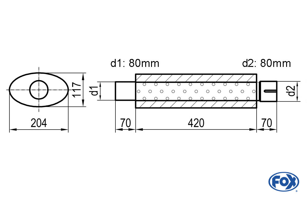 FOX Uni-Schalldämpfer oval mit Stutzen - Abwicklung 525 204x117mm, d1Ø 80mm d2Ø80,5mm innen - Länge: 420mm