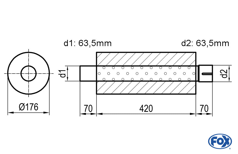 FOX Uni-Schalldämpfer rund mit Stutzen - Abwicklung 556 Ø 176mm, d1Ø 63,5mm d2Ø 64mm, Länge: 420mm