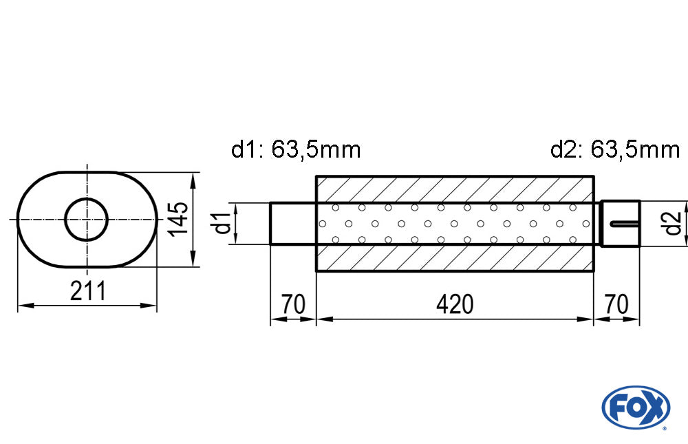 FOX Uni-Schalldämpfer oval mit Stutzen - Abwicklung 585 211x145mm, d1Ø 63,5mm d2Ø 64mm, Länge: 420mm