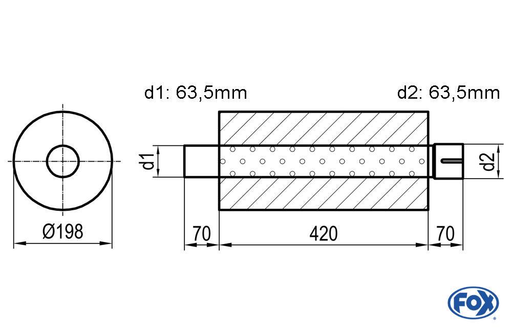 FOX Uni-Schalldämpfer rund mit Stutzen - Abwicklung 626 Ø 198mm, d1Ø 55mm d2Ø 55,5mm, Länge: 420mm