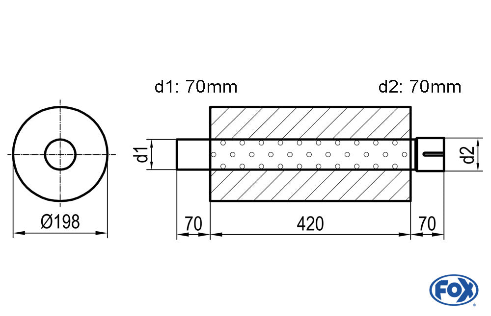 FOX Uni-Schalldämpfer rund mit Stutzen - Abwicklung 626 Ø 198mm, d1Ø 63,5mm d2Ø 64mm, Länge: 420mm