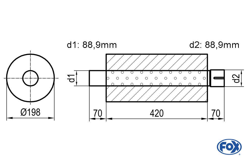 FOX Uni-Schalldämpfer rund mit Stutzen - Abwicklung 626 Ø 198mm, d1Ø 80mm d2Ø 80,5mm, Länge: 420mm