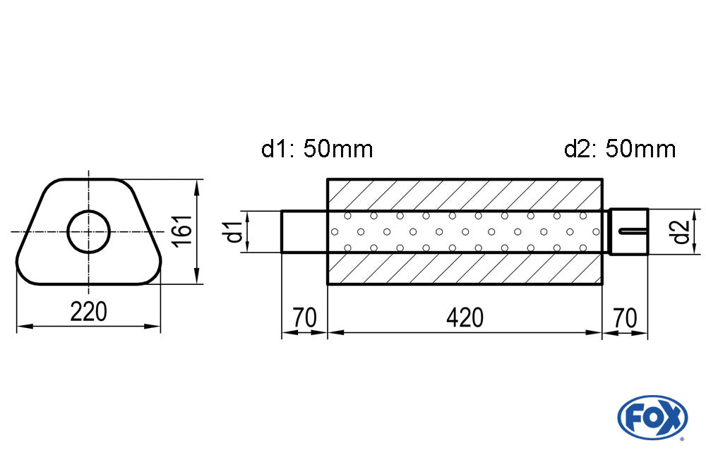 FOX Uni-Schalldämpfer Trapezoid mit Stutzen - Abwicklung 644 220x161mm, d1Ø 50mm d2Ø 50,5mm, Länge: 420mm