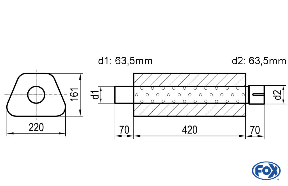 FOX Uni-Schalldämpfer Trapezoid mit Stutzen - Abwicklung 644 220x161mm, d1Ø 63,5mm d2Ø 64mm, Länge: 420mm