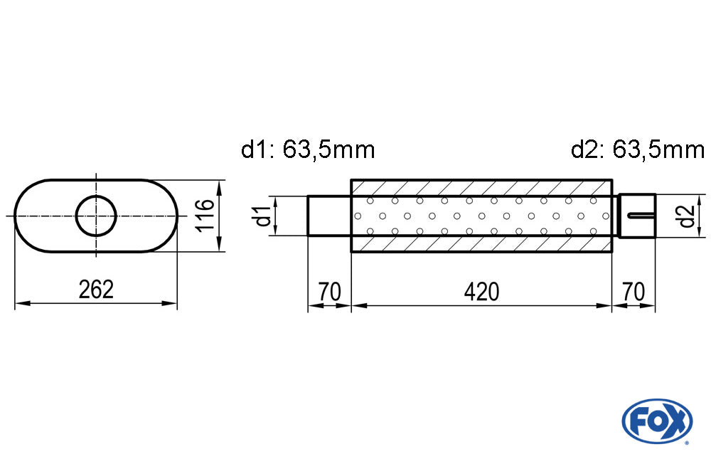 FOX Uni-Schalldämpfer oval mit Stutzen - Abwicklung 650 262x116mm, d1Ø 63,5mm d2Ø 64mm, Länge: 420mm