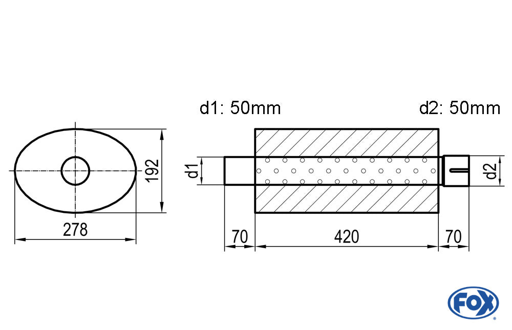 FOX Uni-Schalldämpfer oval mit Stutzen - Abwicklung 754 278x192mm, d1Ø 50mm d2Ø 50,5mm, Länge: 420mm