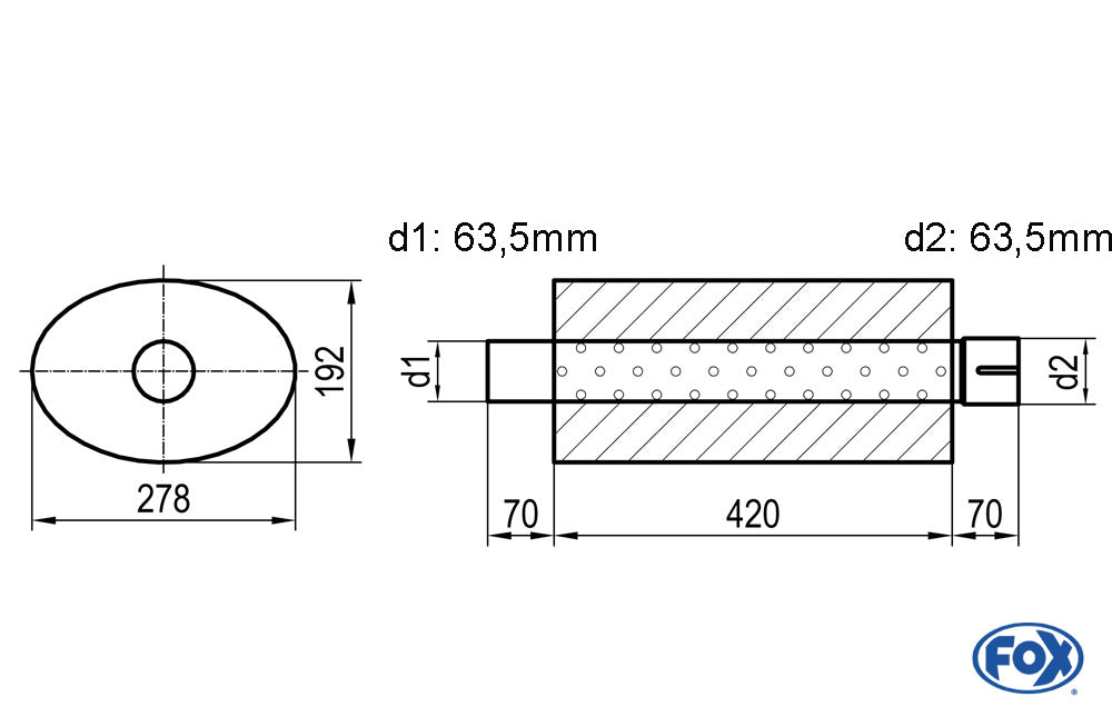 FOX Uni-Schalldämpfer oval mit Stutzen - Abwicklung 754 278x192mm, d1Ø 63,5mm d2Ø 63,5mm, Länge: 420mm