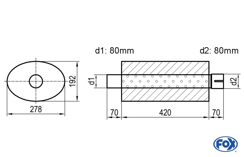 FOX Uni-Schalldämpfer oval mit Stutzen - Abwicklung 754 278x192mm, d1Ø 80mm d2Ø 80mm, Länge: 420mm