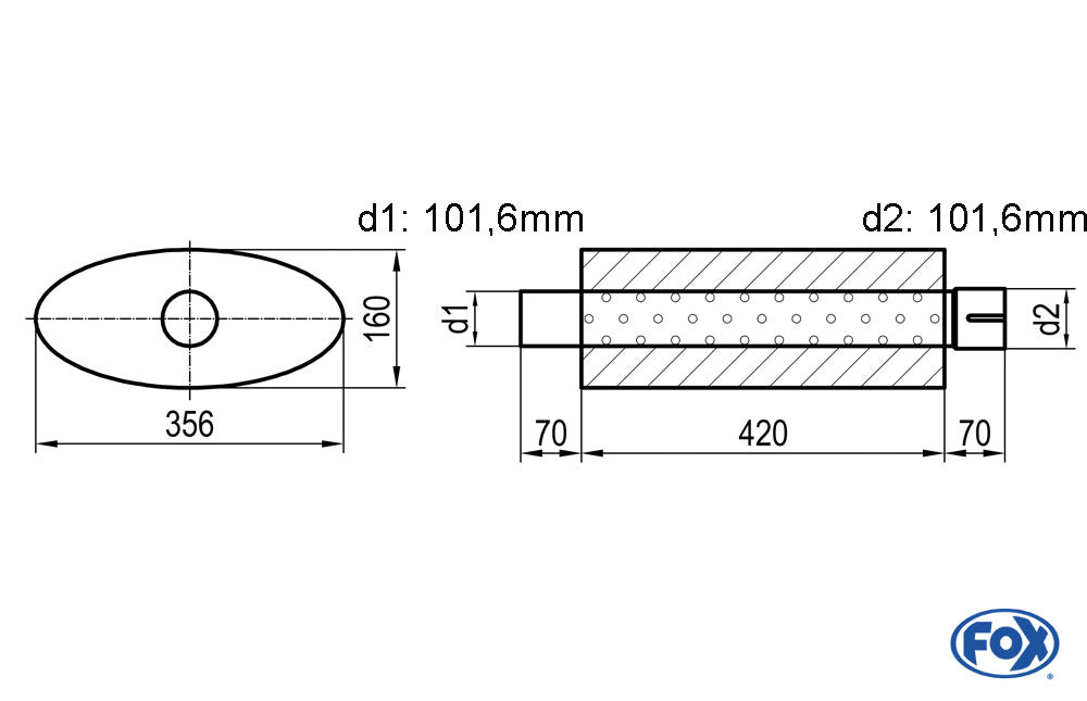 FOX Uni-Schalldämpfer oval mit Stutzen - Abwicklung 818 356x160mm, d1Ø 101,6mm d2Ø 101,6mm Länge: 420mm