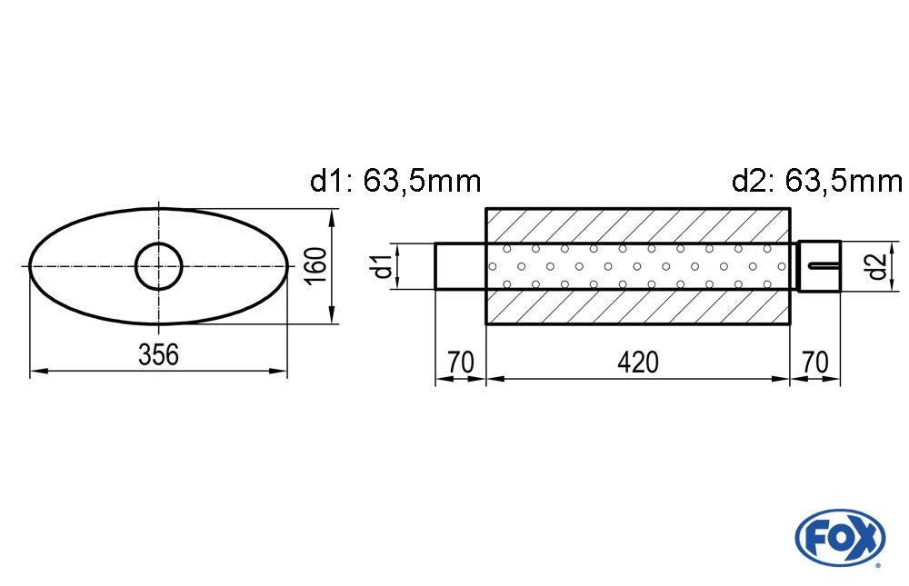 FOX Uni-Schalldämpfer oval mit Stutzen - Abwicklung 818 356x160mm, d1Ø 63,5mm d2Ø 64mm, Länge: 420mm