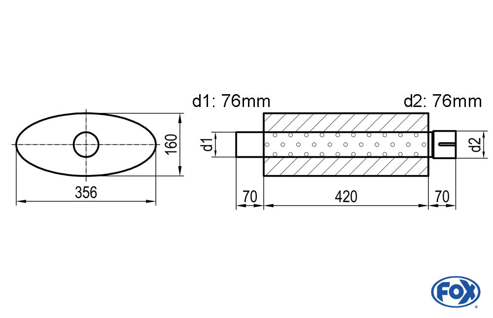 FOX Uni-Schalldämpfer oval mit Stutzen - Abwicklung 818 356x160mm, d1Ø 76mm d2Ø 76,5mm, Länge: 420mm