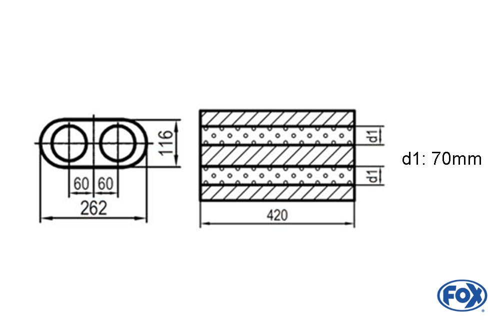 FOX Uni-Schalldämpfer oval zweiflutig - Abwicklung 650 262x116mm, d1Ø 70mm, Länge: 420mm
