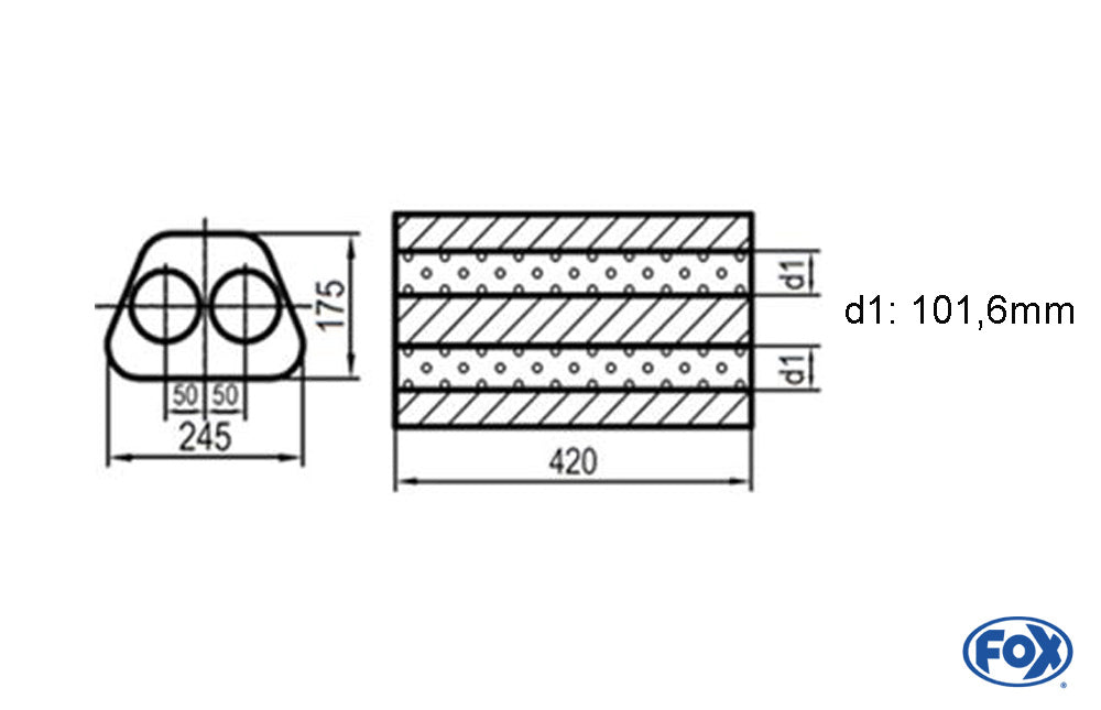 FOX Uni-Schalldämpfer Trapezoid zweiflutig - Abwicklung 711 245x175mm, d1Ø 101,6mm außen -, Länge: 420mm