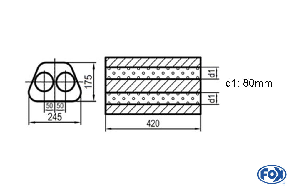 FOX Uni-Schalldämpfer Trapezoid zweiflutig - Abwicklung 711 245x175mm, d1Ø 80mm außen -, Länge: 420mm